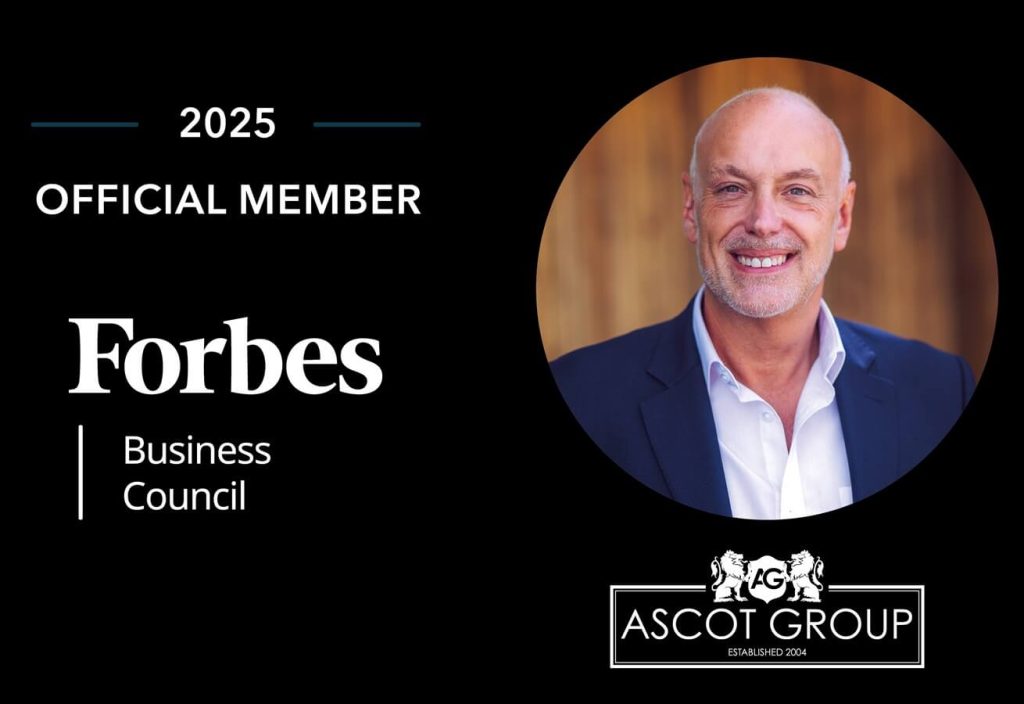 Andrew Scott’s 2025 Forbes Business Council Official Member badge alongside his portrait and the Ascot Group logo. This image illustrates Andrew’s prestigious membership and his association with the Ascot Group, aligning with the page's focus on leadership and professional recognition.